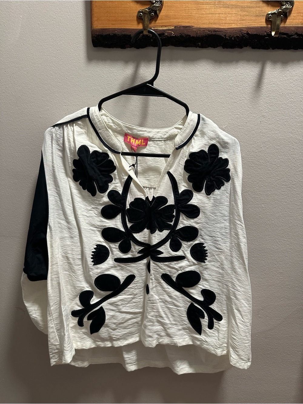 THML White Tunic Top with Black Floral Appliqué